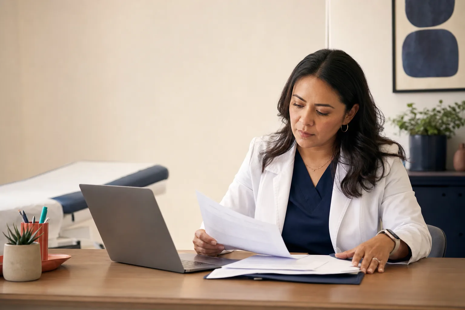 Médica mexicana revisando documentación administrativa en su consultorio